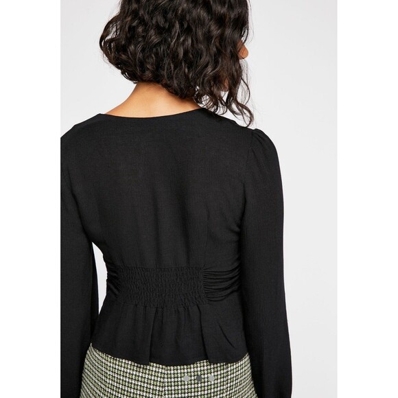Free People Maise Top Black Size Medium Puff Shoulder Ruched Semi-Sheer NEW - Picture 3 of 13